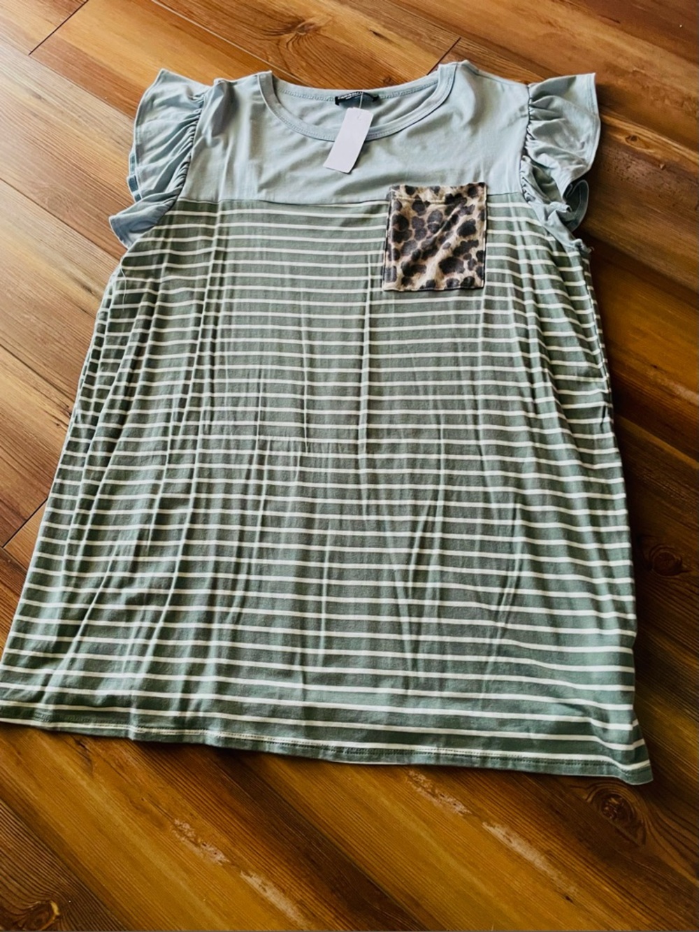 Striped Mint Green Flutter Sleeve Top with Leopard Pocket